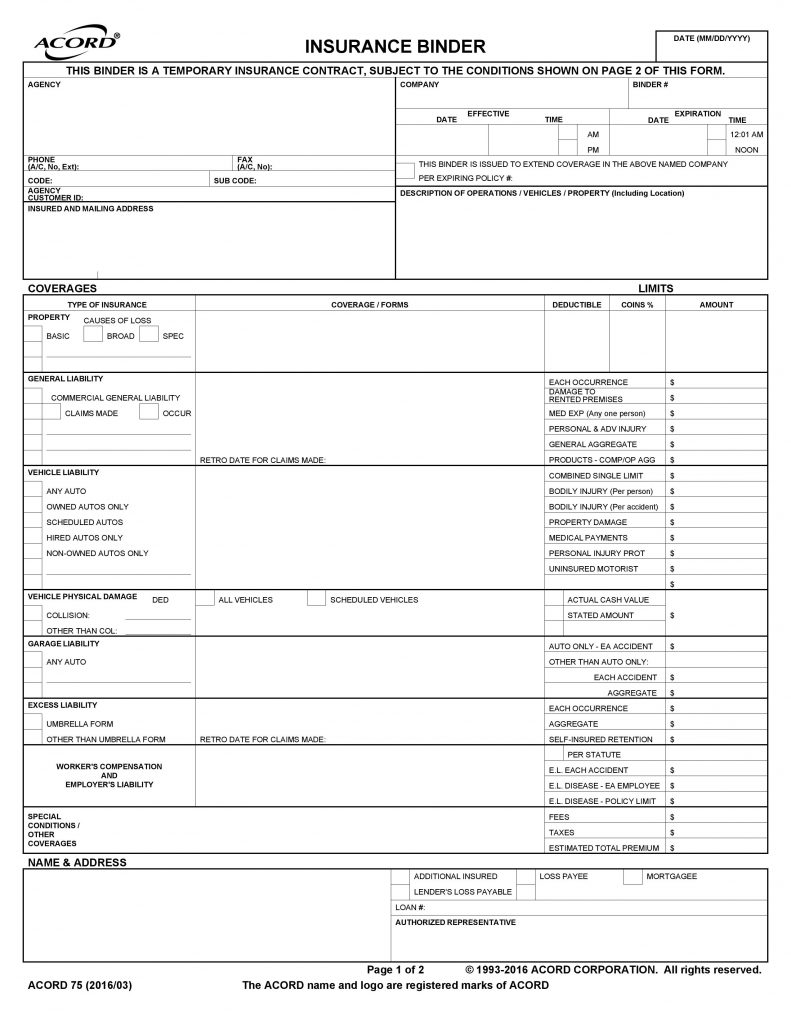 acord conditional insurance binder